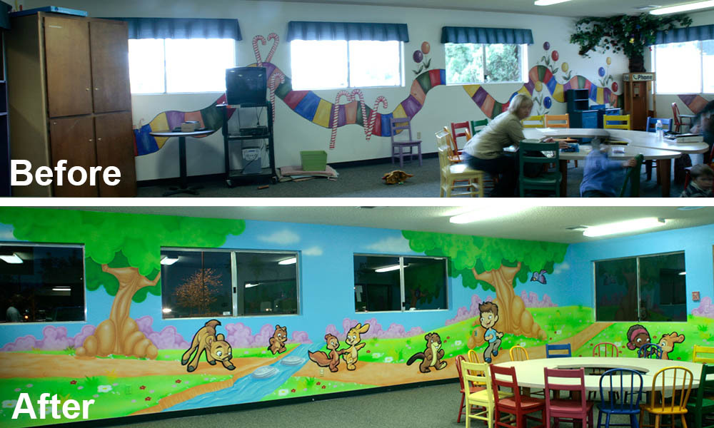 Before and After Mural of a Preschool classroom in a Children's Ministry