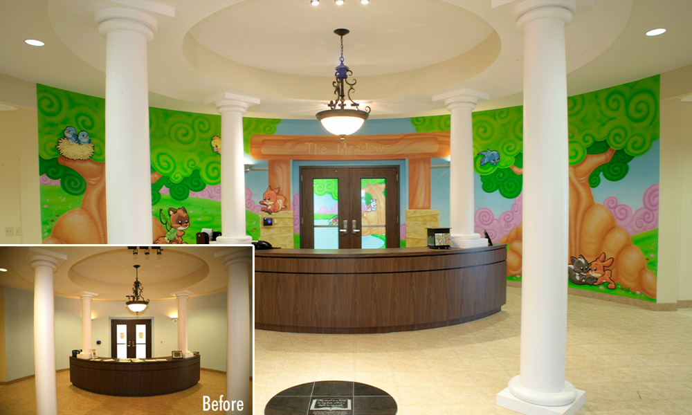 Welcome Desk Before and After Mural in Kids Church Registration area 
