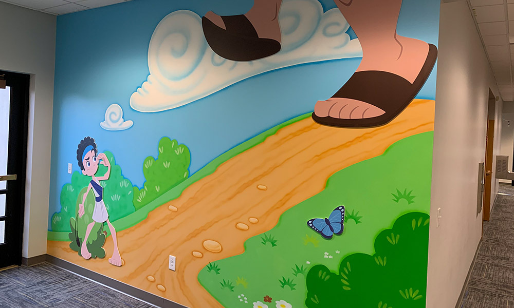 David and Goliath Bible Story Theme Wall Mural in a Children's Ministry renovation.