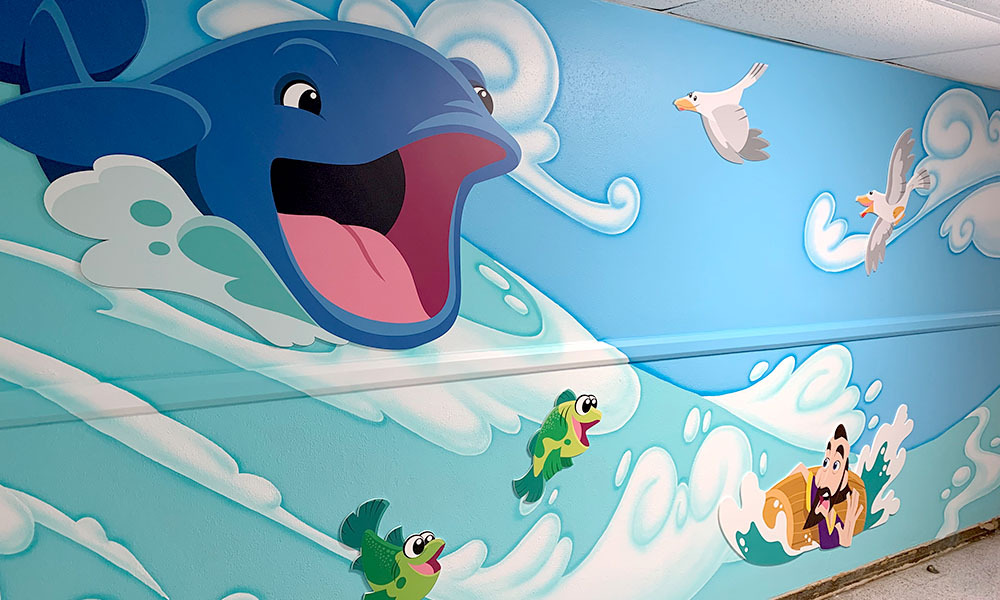 Jonah and the Whale Bible Story Mural in a Sunday School Hallway